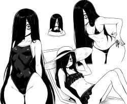 1girls ass ass_visible_through_thighs breasts female female_focus female_only hair_over_one_eye long_hair looking_at_viewer lughost monochrome one-piece_swimsuit small_breasts solo swimsuit the_ring thighs wide_hips yamamura_sadako