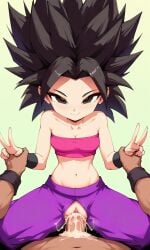 ai_generated black_hair caulifla cowgirl_position cum_in_pussy dragon_ball pov smile vaginal_penetration