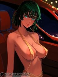 1girls 2d ai_generated areola car female female_focus female_only fubuki_(one-punch_man) green_eyes green_hair icosilveraiart large_breasts light necklace night one-punch_man revealing_clothes seductive seductive_look seductive_smile self_upload short_hair sitting tagme