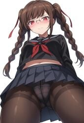 1girls ai_generated arms_behind_back ass_visible_from_the_front ass_visible_through_thighs black_panties black_sailor_collar black_serafuku black_skirt blossomtea blush blush_lines brown_hair brown_pantyhose cameltoe civitai closed_mouth closed_mouth_frown collared_shirt cosplay crossover crossover_cosplay danganronpa danganronpa_2:_goodbye_despair eyebrows eyebrows_visible_through_hair eyewear frown frowning glasses hair_ornament hair_ribbon hassaku_xl light_blush long_sleeves low-angle_view mai_shishikusa masa_works_design midriff navel neckerchief oni_to_kitsune_no_hanashi panties pantyhose pantyshot pekoyama_peko red_eyes red_hair_ribbon red_neckerchief red_ribbon ribbon sailor_collar self_upload serafuku simple_background skirt solo striped striped_clothing striped_collar sweat twin_braids underwear white_background