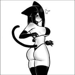 1girls big_breasts black_and_white black_eyes black_hair cat_ears catgirl choker female tagme_(artist) tekona thick thick_ass thick_legs thick_thighs