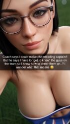 1girls 3d 3d_(artwork) ai_generated big_breasts black_hair cheerleader cheerleader_uniform choker cleavage crop_top glasses large_breasts lauren(oc) pleated_skirt radnsad short_skirt snapchat solo solo_female solo_focus story text thick_thighs tubetop