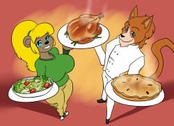 baker baxter_gagliardi bear blonde_hair busty chef cook cute dessert dinner feline flirt food hunk italian joy_ursinare jpeg kaboozle lettuce long_hair long_tail luhyzi muscular offering_food offering_to_viewer orange_fur pie ponytail salad turkey_(food) turkey_meat ursine