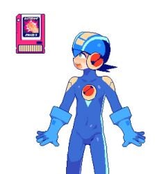 1male blue_gloves blue_helmet bulge bulge_through_clothing dick erection green_eyes mega_man pixel_animation pixel_art tagme video