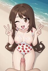 ai_generated beach breasts breasts_exposed breasts_out brown_eyes brown_hair cum cum_on_breasts cum_on_face emirichu kneeling ocean one-piece_swimsuit one_eye_closed open_mouth peace_sign penis strawberry_print tagme water winking youtube youtuber