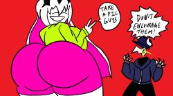 ass big_ass bigger_female friday_night_funkin long_hair looking_at_viewer nikusa_(sugarratio) peace_sign shorts skeleton smaller_male sweater sweatshirt tabi_(homskiy) text thick_thighs