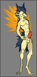 1boy anthro anthrofied balls blush digitigrade ear_piercing grey_background hand_on_hip knot male male_only misericorde muscles nintendo penis piercing plain_background pokemon pokemon_(species) precum red_eyes scar skinny solo straight_hair typhlosion video_games