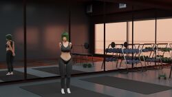 3d athletic athletic_female fit_female green_eyes green_hair gym gym_clothes gym_clothing leggings oc original_character sports_bra sportswear su(thaciusblack) thaciusblack weight weightlifting