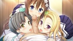 1boy 3girls black_hair blonde_hair blue_eyes brown_hair censored collaborative_fellatio game_cg harem highres honjou_masato koinaka:_koinaka_de_hatsukoi_×_nakadashi_sexual_life licking long_hair looking_at_viewer lying multiple_fellatio multiple_girls oral penis saliva school_uniform short_hair skirt teamwork tongue