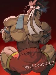 !! 1boy 2020s 2024 ass back bandaged_arm bandaid_on_nose bara bj2333333 brown_hair clothed gay headband japanese_text joe_higashi king_of_fighters looking_at_viewer male male_only muscular red_background red_shorts shorts simple_background snk solo text translation_request video_games