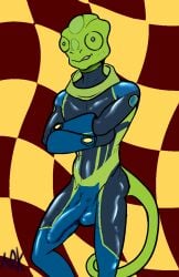 arkanumzilong bulge chameleon clothing detailed_bulge genital_outline lizard male meelo penis_outline reptile rimba_racer scalie skinsuit smug solo tight_clothing