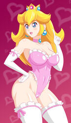 alternate_costume armpits bare_shoulders blonde_hair blue_eyes bluebullpen blush breasts cleavage collarbone crown earrings elbow_gloves female frilled_legwear frilled_leotard frilled_strapless frills gem gloves hand_on_hip heart heart_background highleg highleg_leotard highres jewelry large_breasts lavender_leotard leotard lips lipstick long_hair makeup mario_(series) neck necklace nintendo open_mouth pink_leotard princess_peach purple_background round_teeth shiny shiny_clothes shiny_hair shiny_leotard shiny_skin smile solo standing strapless strapless_leotard super_mario_bros. teeth thighhighs white_gloves white_legwear