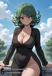 1girls ai_generated alternate_breast_size bangs black_dress blue_sky blush breasts cleavage closed_mouth cloud collarbone covered_navel cowboy_shot curly_hair day dress green_eyes green_hair large_breasts long_sleeves looking_at_viewer no_panties one-punch_man outdoors patreon_logo patreon_username short_hair side_slit sky solo tatsumaki thighs unjobdespiert wide_hips