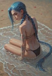 ai_generated beach bikini blue_eyes blue_hair jinx_(league_of_legends) league_of_legends santarvengar slim stable_diffusion sweat tagme