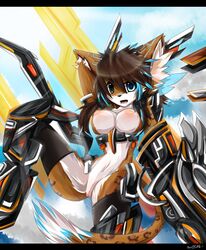 anthro armor blue_eyes breasts brown_fur brown_hair cute feline female fenrixion fur hair leopard mammal nipples pussy white_fur