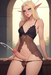 ai_generated blindparty blonde_hair blue_eyes civitai cumming cumshot elf elf_futanari futanari inside lingerie nudity panties penis