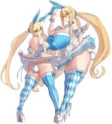 2girls ahoge anal_tail animal_ears argyle_clothes argyle_legwear artoria_caster_(fate) artoria_caster_(swimsuit)_(fate) artoria_pendragon artoria_pendragon_(fate) artoria_pendragon_(lancer)_(fate) ass aster_crowley bare_shoulders blonde_hair blue_dress blue_thighhighs blush breasts bunny_ears cleavage cosplay dress fake_animal_ears fake_tail fate/grand_order fate_(series) full_body green_eyes hairband high_heels high_resolution highres huge_breasts long_hair looking_at_viewer looking_back medium_breasts multiple_girls no_panties paid_reward puffy_short_sleeves puffy_sleeves rabbit_ears rabbit_tail short_sleeves skirt smile striped_clothes striped_thighhighs tail thick_thighs thighhighs thighs twintails very_high_resolution white_skirt