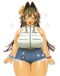 1girls 2024 bbw big_breasts bracelet brown_hair chubby hair_ornament happy hi_res jewelry meisharan nanaco_(meisharan) original original_character short_shorts