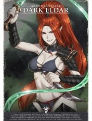 adeptus_ridiculus bikini cleavage dark_eldar eldar english_text knife large_breasts long_hair poster red_eyes red_hair tagme text warhammer_(franchise) warhammer_40k whip