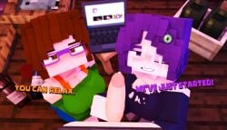 1boy 2girls brown_eyes brown_hair collaboration computer cum cum_on_breasts cum_on_face cute_expression dark_purple_shirt drispysik glasses green_shirt green_top handjob iamcringe irene_cream_(iamcringe) just_started liza_(drispysik) minecraft purple_eyes purple_hair seductive_look short_jeans unseen_male_face