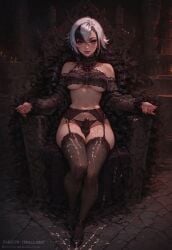 ai_generated arlecchino_(genshin_impact) black_hair blindparty civitai cum_on_body futanari genshin_impact lingerie multicolored_hair nudity partially_clothed_futanari penis sitting_on_throne solo throne white_hair x_pupils