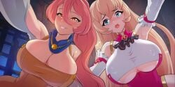 2girls big_ass blonde_hair blush looking_at_viewer pink_hair pov smirk underboob waifu_shop