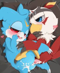 after_sex animated anus avian bed bedroom_eyes blush cuddling cum cum_in_ass cum_inside cum_on_penis digimon duo from_above furry furry_only gay half-closed_eyes happy happy_sex hawkmon heart lying male messy nekokagebevil no_humans on_side open_mouth penis pillow scalie sex veemon