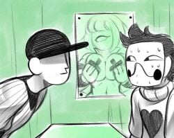 1girls 2023 2boys baseball_cap baseball_uniform biting_lip black_hair breasts clothed_male_nude_female curly_hair female heart hi_res holding_breasts male male/female mask mawile123 merchant off_(game) pasties public public_nudity short_hair source_request staring striped striped_clothing sugar_(off) sweat sweatdrop sweater sweating tape the_batter the_batter_(off) turtleneck vest window zacharie