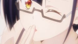 1girls animated big_breasts black_bra blowing_kiss bra breasts busty cleavage clothes_pull female female_only formal_clothes glasses heart high_heels highres large_breasts looking_at_viewer nias_carlin office_lady one_eye_closed open_mouth orange_eyes ore_wa_seikan_kokka_no_akutoku_ryoushu! pink_lips purple_hair short_hair skirt solo tagme tongue underwear video voluptuous wink