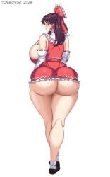 ass bow breasts detached_sleeves female frilled_bow frilled_hair_tubes frills gohei hair_tubes hairbow hakurei_reimu highres huge_ass huge_breasts long_hair looking_at_viewer looking_back miniskirt nontraditional_miko red_bow red_skirt ribbon-trimmed_sleeves ribbon_trim sideboob simple_background skindentation skirt skirt_set solo thick_thighs thighs tomboyist touhou white_background