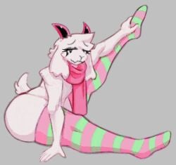 1boy anthro arm_up ass bare_ass caprine deltarune eyelashes eyeliner eyeshadow femboy fluffy foot_up furry goat grey_background half-closed_eyes half-lidded_eyes horns legs_up looking_at_viewer male male_only mascara nkwaru pink_horns pink_scarf ralsei scarf socks solo_anthro solo_femboy striped_legwear striped_socks striped_stockings striped_thighhighs stripes tail thick thick_ass thick_legs thick_thighs thighhighs thighs