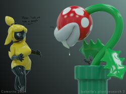 animal_crossing anthro bodily_fluids bound clothing collar comorito duo elemental_creature encasement female flora_fauna hazmat_suit hi_res imminent_vore isabelle_(animal_crossing) latex latex_clothing latex_legwear latex_skinsuit legwear mario_(series) mask nintendo piranha_plant plant saliva skinsuit sneaking tight_clothing