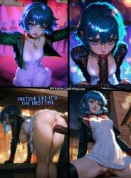 1boy 1girls ai_generated arcane arcane_jinx ass ass_grab blowjob blue_eyes blue_hair breasts comic cowgirl_position dancing dark-skinned_male doggy_style dress ekko english_text female female_focus from_behind hanging_breasts hetero_sex jacket_open jinx_(league_of_legends) league_of_legends makeup mosaic_censoring naked necklace nipples oral patreon_username penguih pov powder_(arcane) pussy riding_penis sex sex_from_behind short_hair skirt_lift vagina vaginal_penetration white_dress