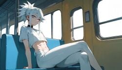 1femboy ai_generated bus choker crop_top crossed_legs exposed_torso femboy femboy_solo hair_tied_back legs_crossed mahamoan mila_matsumoto oc on_bus original_character sitting white_hair yoga_pants