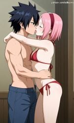 ai_generated bikini crossover fairy_tail gray_fullbuster hugging kissing naruto sakura_haruno