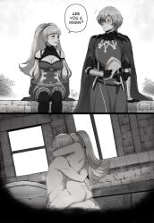 1boy 1girls 2koma ass black_gloves breasts byleth_(fire_emblem) byleth_(male)_(fire_emblem) cleavage coat comic completely_nude earrings english_text evomanaphy fire_emblem fire_emblem:_three_houses gloves highres hilda_valentine_goneril holding holding_paper hug implied_sex instant_loss jewelry large_breasts long_hair meme monochrome nude paper surprised tokyo_ghoul twintails