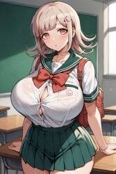 1girls ai_generated backpack danganronpa danganronpa_2:_goodbye_despair huge_ass huge_breasts looking_at_viewer nanami_chiaki pink_eyes pink_hair school_uniform sole_female tagme voluptuous