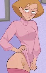 1girls female_pubic_hair glasses kim_possible lifted_by_self looking_at_viewer looking_up mrs._stoppable newguy1091 no_panties pants_down pink_sweater solo