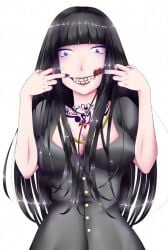 1girls aqua_eyes black_bishop_(vocaloid) black_hair black_shirt blossomtea blue_eyes blunt_bangs braces breasts buttoned_shirt chain_necklace cleavage colored_nails cum cum_in_mouth cum_on_teeth drooling drooling_cum edit edited edited_image edited_official_artwork ell182a_(masa_works_design) eyeshadow fingernails glistening_hair gold_necklace gold_teeth gradient_eyes gunshot_wound heart_tattoo highlights highlights_(coloring) hot_pink_lipstick large_breasts lipstick long_hair makeup masa_works_design mio_saito multicolored_eyes nail_polish nails nails_painted necklace number_tattoo official_art official_artwork_edit pink_lips pink_lipstick puffy_sleeves purple_eyes purple_eyeshadow purple_nail_polish purple_nails rondon_series sanpaku shiny_hair shirt short_sleeves simple_background solo tattoos teeth third-party_edit upper_body vocaloid white_background wound wounded