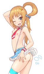 arm_up ass blonde_hair blue_eyes blush chiwino female flat_chest fukuhara_ann long_hair nipples one_eye_closed open_mouth pretty_rhythm pretty_rhythm_rainbow_live side_ponytail skirt smile solo suspenders topless wristband