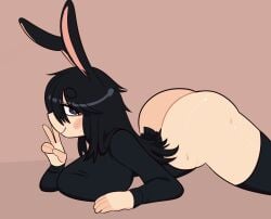 1girls 2024 alternate_version_available ass big_ass big_breasts black_eyes black_hair black_shirt black_sleeves black_thighhighs blush breasts bunny_ears bunny_girl bunny_tail commission female female_only kemonomimi long_hair long_sleeve_shirt long_sleeves looking_at_viewer lying lying_on_stomach no_pants paid_reward_available pale-skinned_female pale_skin peace_sign penismaster48 plain_background side_view simple_background smile solo sweat thighhighs thighs v