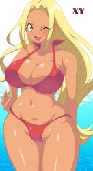 1girls alternate_breast_size bikini blonde_hair breasts creatures_(company) curvy dark_skin female game_freak green_eyes highres jewelry kihaiu large_breasts long_hair looking_at_viewer midriff navel nintendo npc_trainer one_eye_closed open_mouth pokemon pokemon_xy red_bikini shiny_skin smile solo swimmer_(pokemon) swimmer_(pokemon_xy) swimsuit thick_thighs thighs thong thong_bikini very_long_hair wink