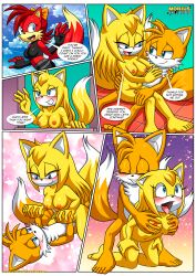 1boy 2girls 5_fingers 5_toes anthro bbmbbf blush breast_grab breasts comic feet female fiona_fox intimate let_me_love_you_(comic) male male/female mobian_(species) mobius_unleashed nipples palcomix plantigrade sega sex sonic_(series) sonic_boom sonic_the_hedgehog_(series) tails tails_the_fox vaginal_penetration vaginal_sex zooey_the_fox