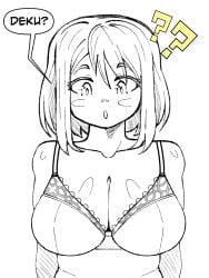 1girls :o ? ?? big_boobs big_breasts big_tits blush blush_stickers boobs bra breasts cleavage clothing deku english_text female greyscale imminent_sex izuku_midoriya large_boobs large_breasts large_tits looking_at_viewer monochrome my_hero_academia ochako_uraraka open_mouth pov_eye_contact pov_male short_hair simple_background solo speech_bubble steca text thelazyart tits underwear underwear_only upper_body uraraka_ochako white_background