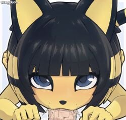 :3 alternate_hair_color animal_crossing animal_ears animal_feet animal_nose ankha_(animal_crossing) artist_name black_eyeliner black_hair blonde_hair blue_background blue_eyes blunt_bangs blush bob_cut body_fur border cat_ears cat_girl cat_tail cum cum_in_mouth disembodied_penis ejaculation english_commentary erection eyeliner fellatio female furry furry_female furry_with_non-furry interspecies light_blush looking_at_viewer lying makeup multicolored_hair nose_blush on_stomach open_mouth oral outline outside_border penis portrait pov rengaboo short_hair sidelocks solo_focus straight straight-on tail two-tone_hair v-shaped_eyebrows watermark white_border white_outline yellow_fur