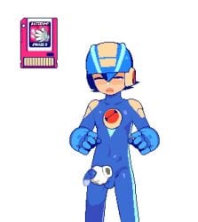 1male blue_gloves blue_helmet bulge bulge_through_clothing cum erection green_eyes handjob mega_man pixel_animation pixel_art purple_hair tagme video