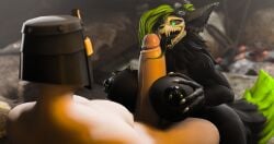 3d_(artwork) absurd_res anonymous_character anthro armor blender_(artwork) blender_eevee breast_play breasts cabin da.nilkaz digital_media_(artwork) duo faceless_character faceless_human faceless_male genitals green_hair hair headgear helmet hi_res holding_breast human intersex intersex/male licking long_tongue looking_at_another looking_at_genitalia looking_at_partner looking_at_penis male mammal mask nadilya_(heliocintrini) oral penile penis penis_lick sex skull_mask skulldog_(species) tail theant/thedirtyant titjob tongue