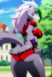 1girls ai_generated anthro armwear ass breasts crop_top dyed_hair ear_piercing exhibitionism female five_nights_at_freddy's five_nights_at_freddy's:_security_breach fnaf furry green_hair green_highlights grey_body grey_fur grey_hair long_hair looking_at_viewer looking_back makeup no_bra no_panties no_underwear outdoors panty_pull public roxanne_wolf_(fnaf) shorts spiked_bracelet spiked_collar tail teasing thick_thighs two_tone_body two_tone_fur video_games white_fur wide_hips wolf wolf_girl yellow_eyes