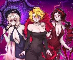 3girls :< :3 ahoge bangs bare_shoulders black_hair blonde_hair blush boyarishnick breasts center_opening cleavage collarbone don_quixote_(limbus_company) dress drill_hair dulcinea_(limbus_company) embarrassed female female_only hair_between_eyes hand_on_shoulder large_breasts limbus_company long_hair multicolored_hair navel off_shoulder parasol project_moon red_eyes red_hair sancho_(limbus_company) scissors shiny_skin short_hair sideboob skindentation smile streaked_hair sweat sweatdrop the_barber_(limbus_company) twin_drills twintails umbrella wide_hips