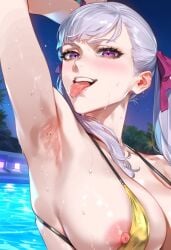 1girls ai_generated arm_up armpits big_breasts bikini birthmark black_clover blush breasts chocopizza hi_res huge_breasts large_breasts micro_bikini noelle_silva purple_eyes shiny_skin silver_hair skimpy sweat tongue_out twintails wet wet_skin